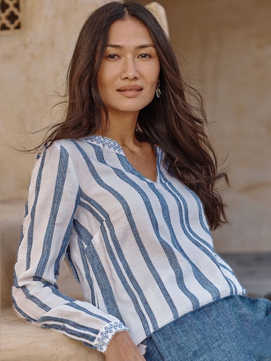 J. Jill Tops - J JILL NWT M Pure Jill Embroidered Striped Top Cotton Blouse White Blue Yonder